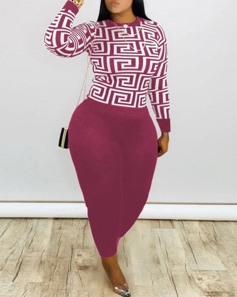 

Conjunto de blusa e calça de manga comprida com estampa geométrica plus size, Wine red