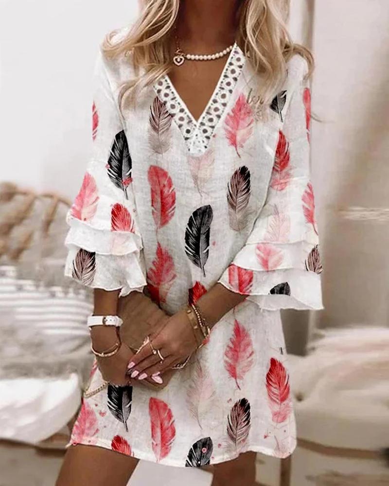 

Feather Print Layered Bell Sleeve Casual Dress, White