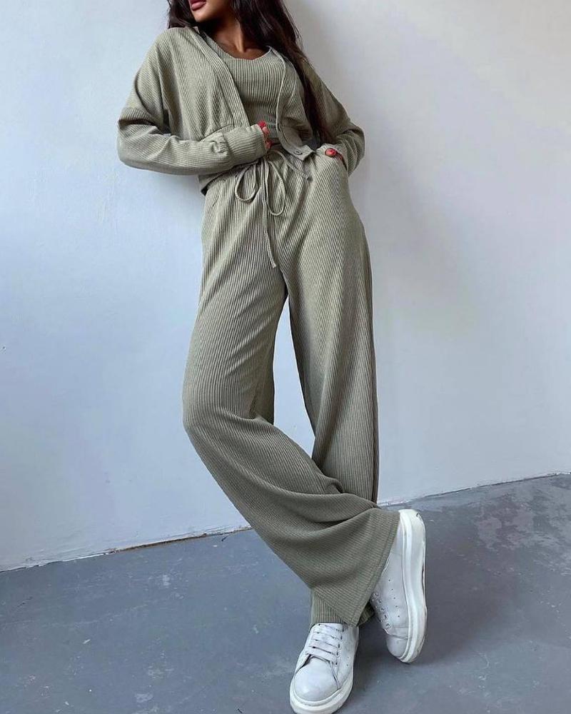 

Ribbed Crop Top & Drawstring Pants Set With Buttoned Coat, Light green