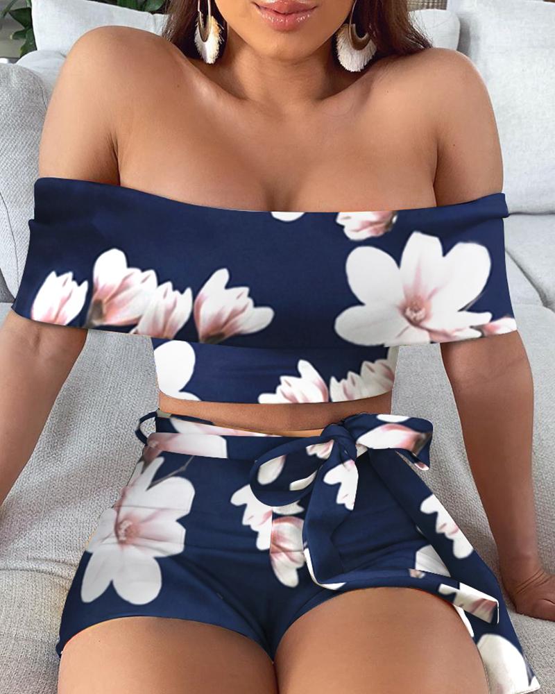 

Floral Print Off Shoulder Top & Short Sets, Blue