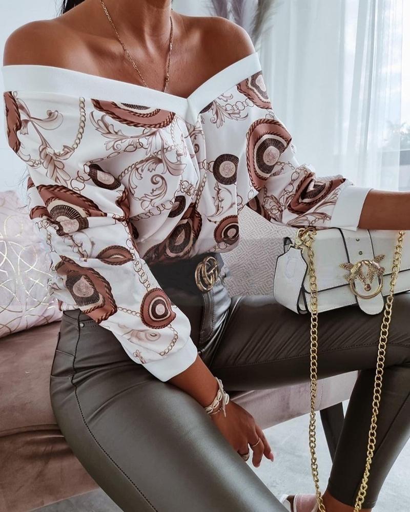 

Scarf Print V-Neck Long Sleeve Top, Style1