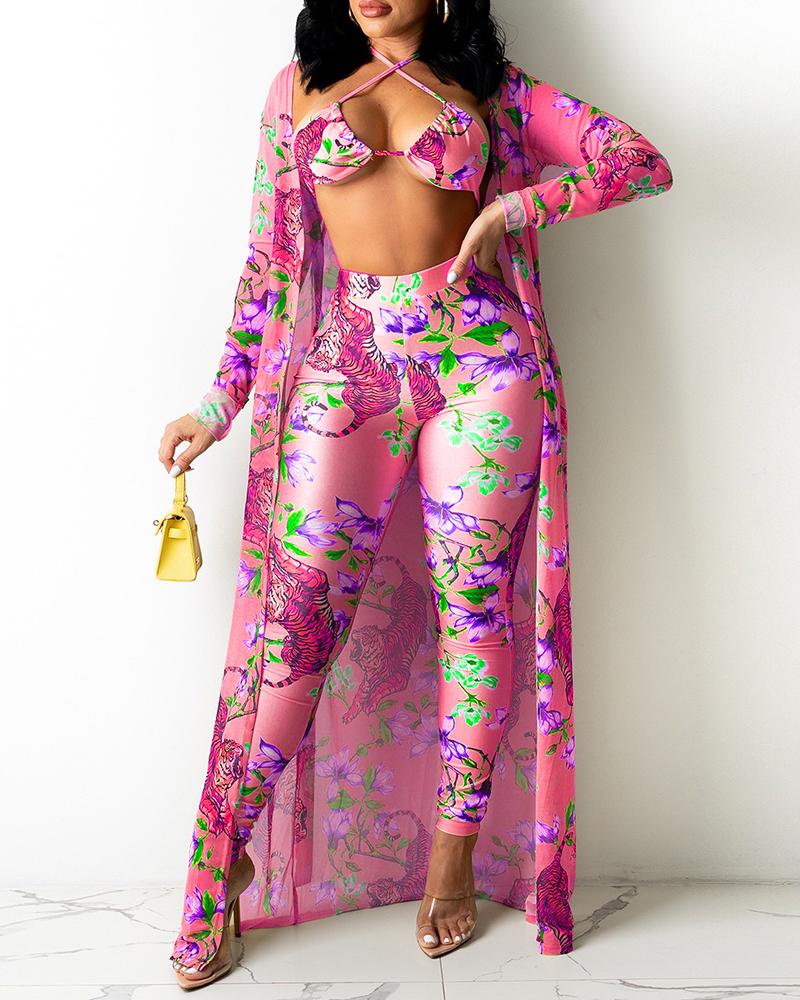 

Floral Print Halter Crop Top & Pencil Pants With Coat Set, Hot pink