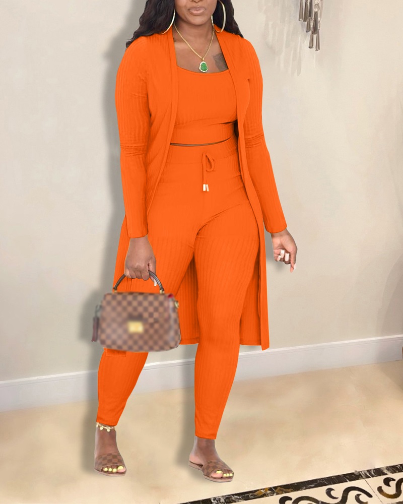 

3PCS Ribbed Cami Top & Pants Set With Longline Coat, Orange