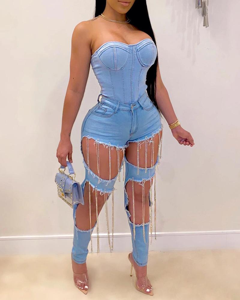 

Cutout Studded Tassel Design Denim Pants, Blue