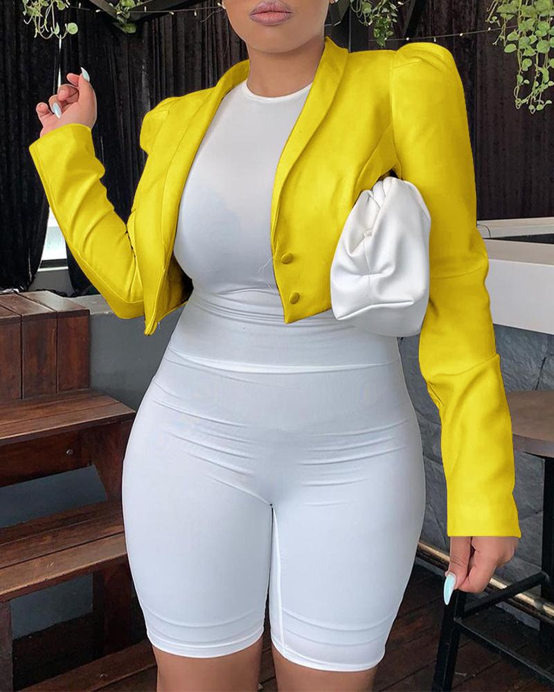 

Double Button Puff Sleeve Crop Blazer Coat, Yellow