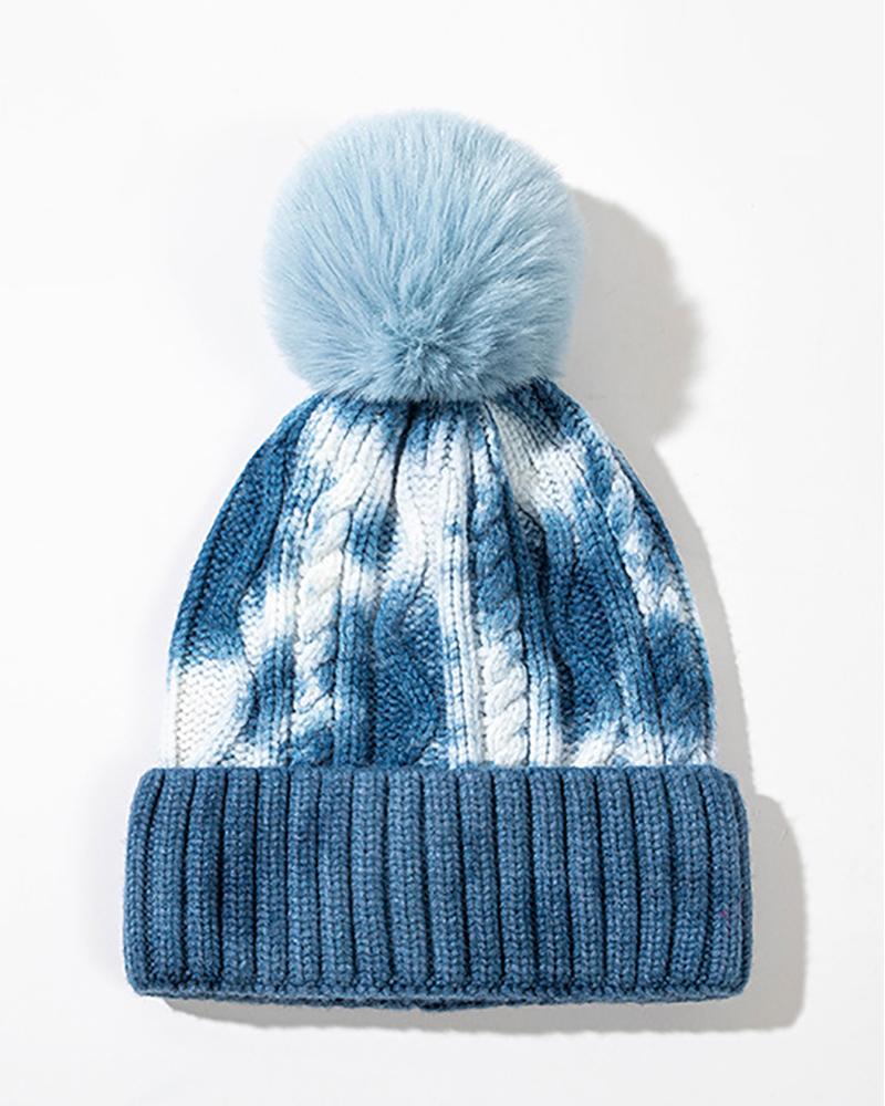 

Tie Dye Print Pom Pom Decor Knit Braided Beanie, Lighted blue