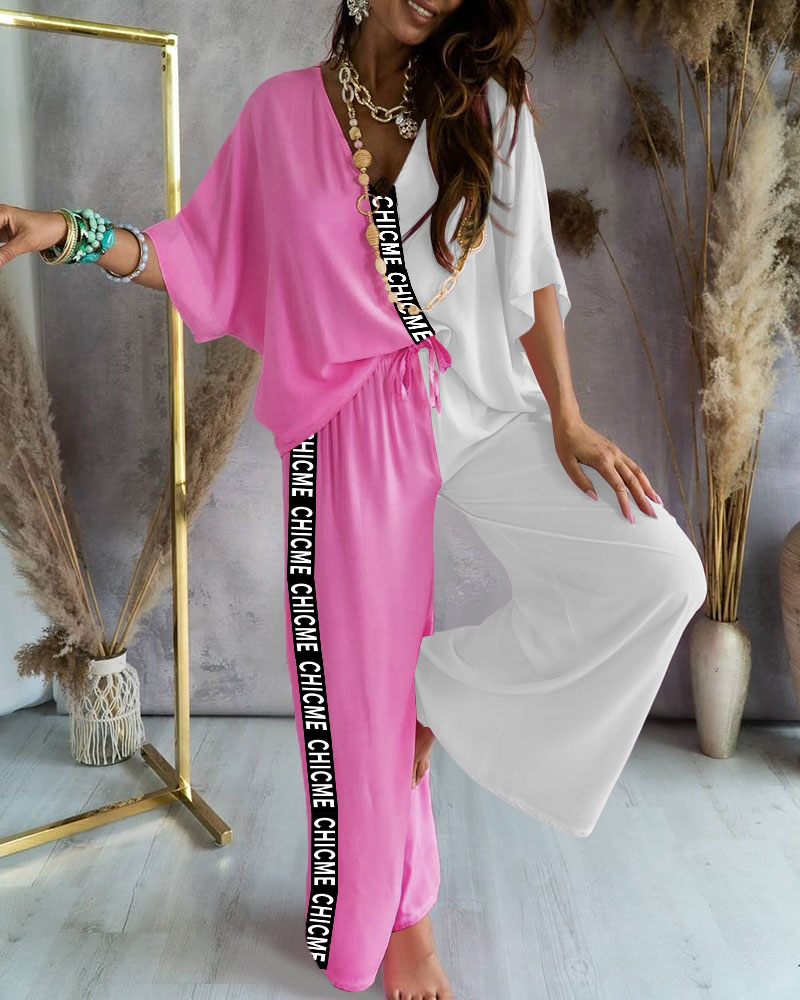 

Letter Tape Patch Colorblock Batwing Sleeve Top & Pants Set, Pink