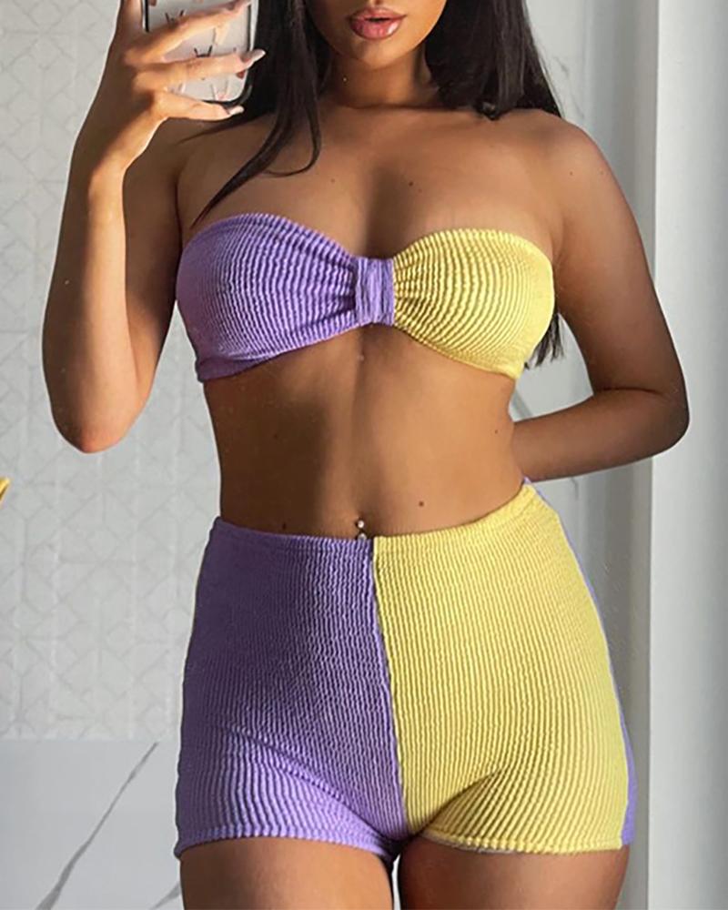 

Knit Colorblock Bandeau Crop Top & Shorts Sets, Purple