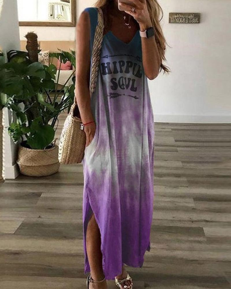 

Letter Tie Dye Print Split Hem Casual Dress, Purple