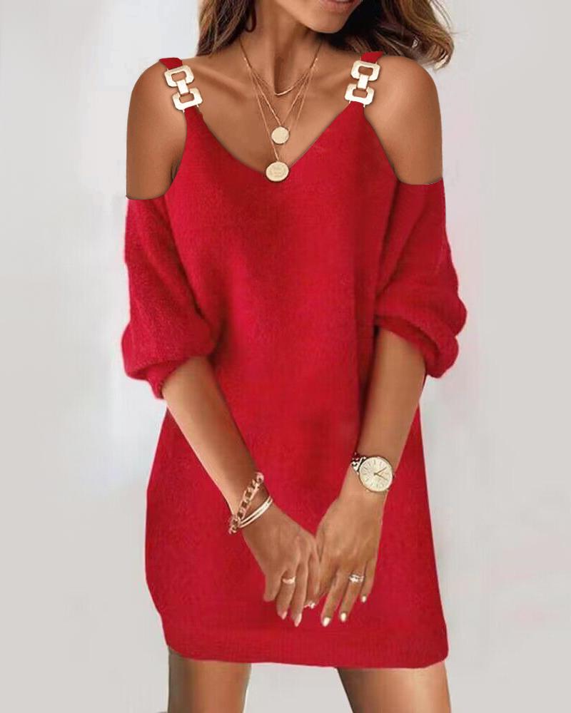 

Cold Shoulder Fuzzy Casual Dress, Red