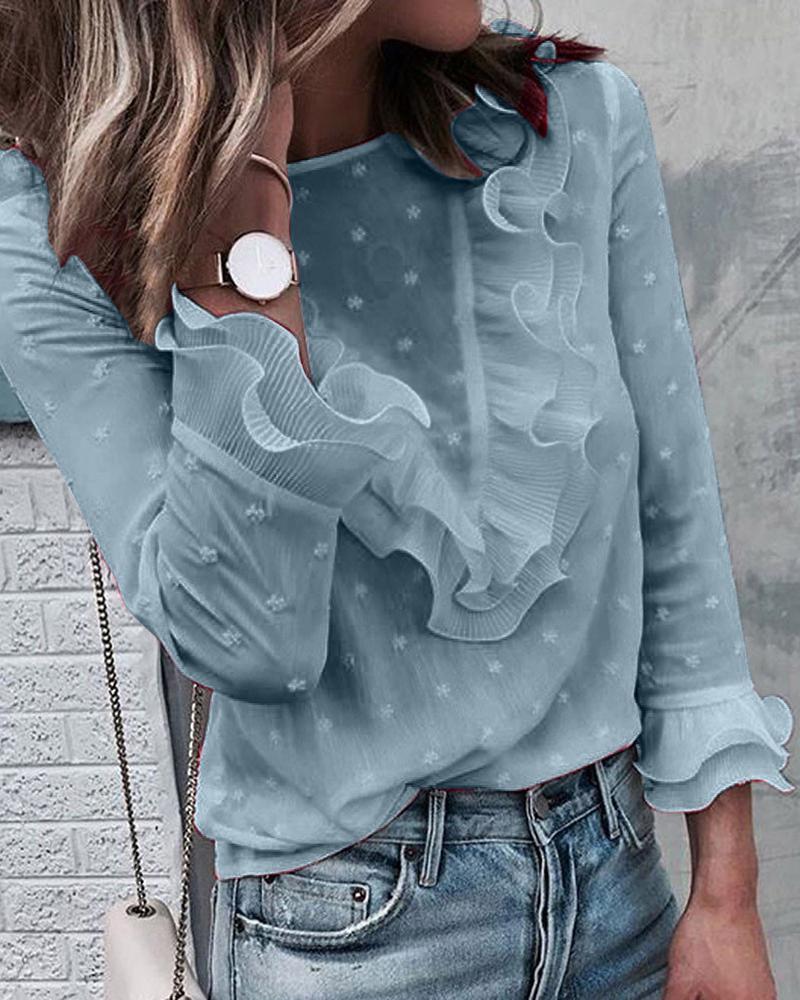 

Swiss Dot Ruffles Long Sleeve Blouse, Lighted blue