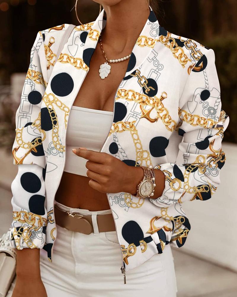 

Chain Print Long Sleeve Zip Up Jacket, White