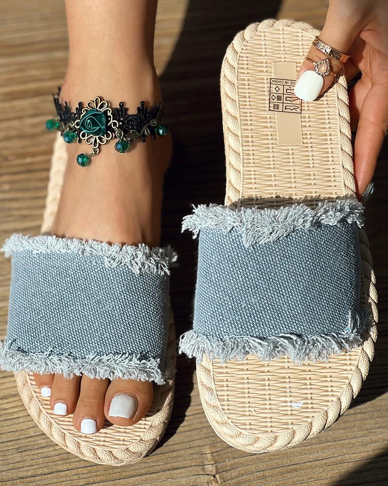 

Denim Wide Strap Raw Hem Beach Slippers, Blue