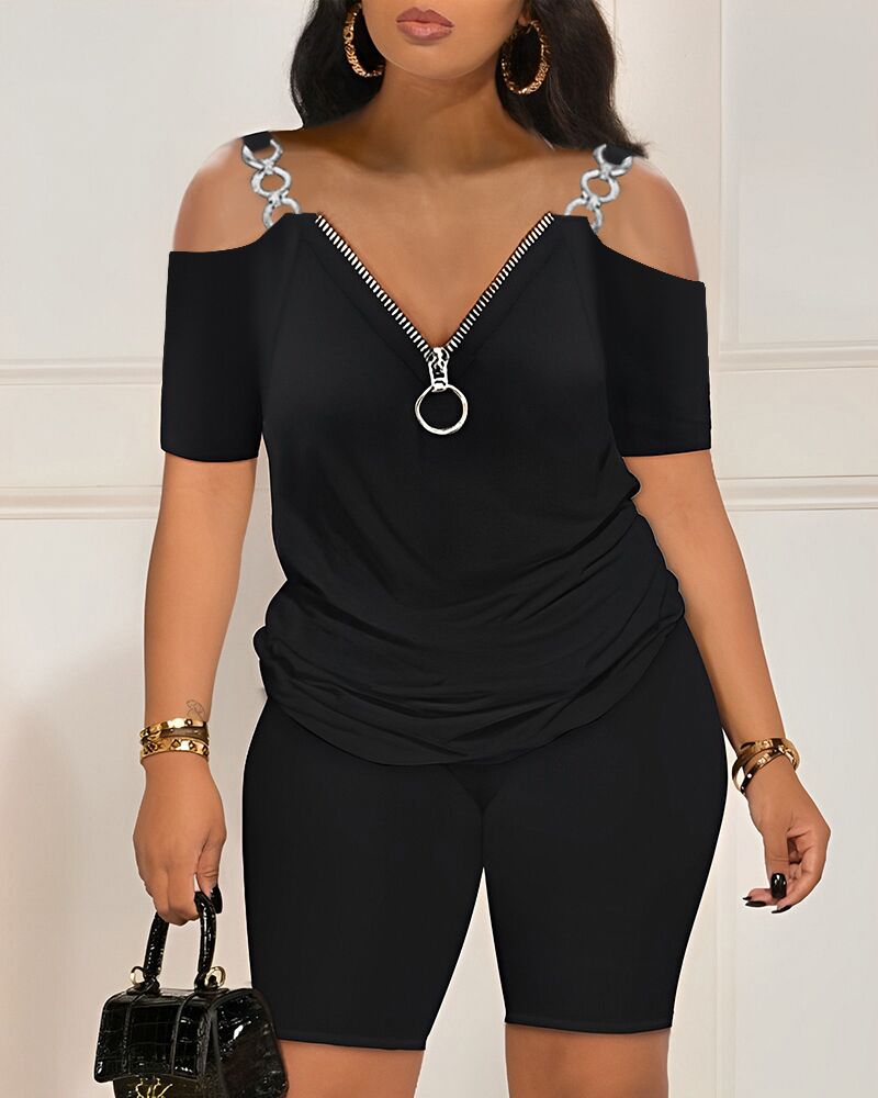 

Cold Shoulder Zipper Design Top & Shorts Set, Black
