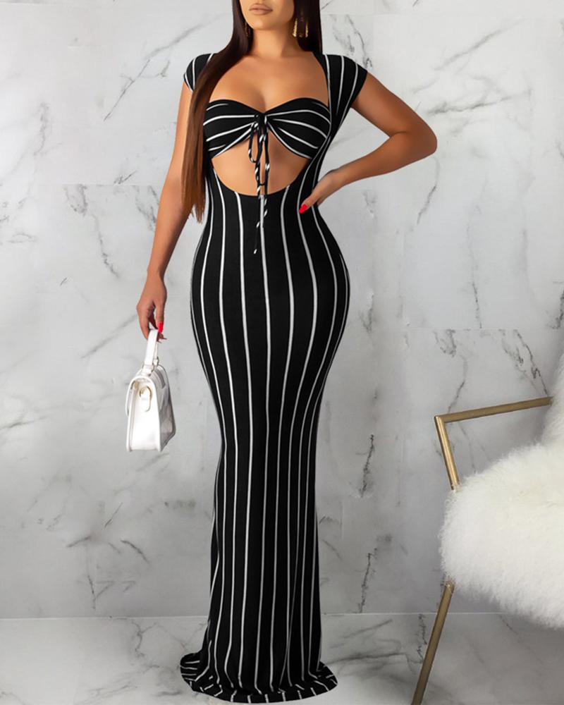 

Striped Cutout Bodycon Dress With Knotted Bra, Black