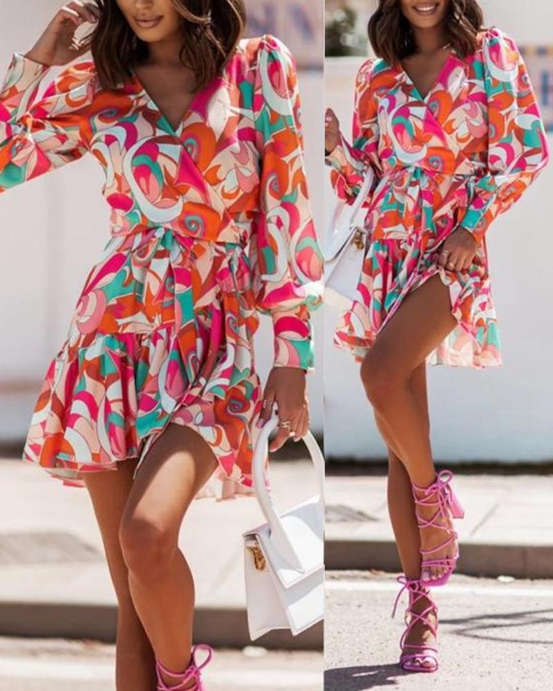 

Abstract Print Ruffle Hem Belted Wrap Shirt Dress, Orange