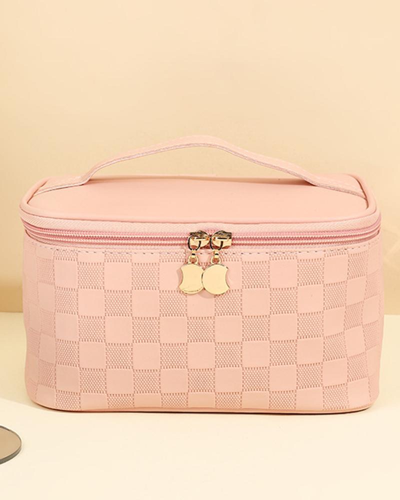 

Plaid Large Capacity Waterproof Travel Cosmetic Case Organizer Opens Flat Makeup Bag Toiletry Bag, Pink