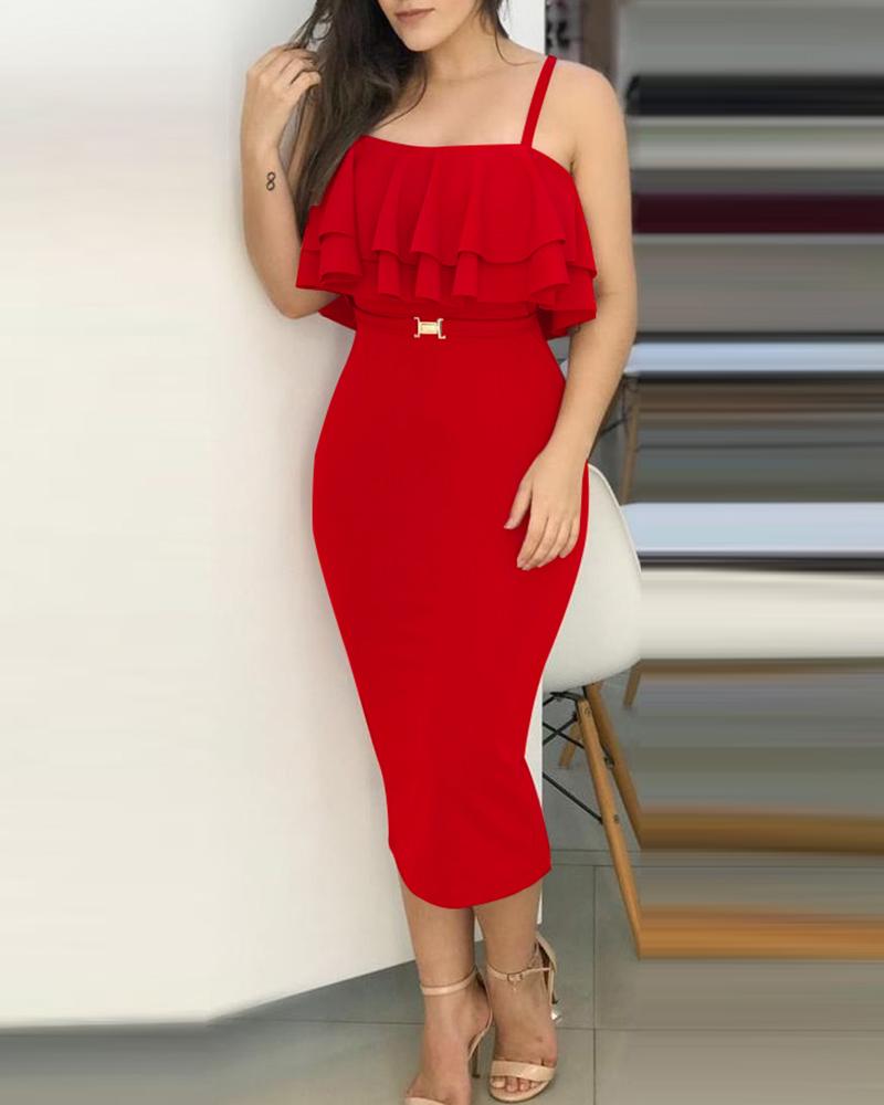 

Layered Ruffles Spaghetti Strap Midi Dress, Red