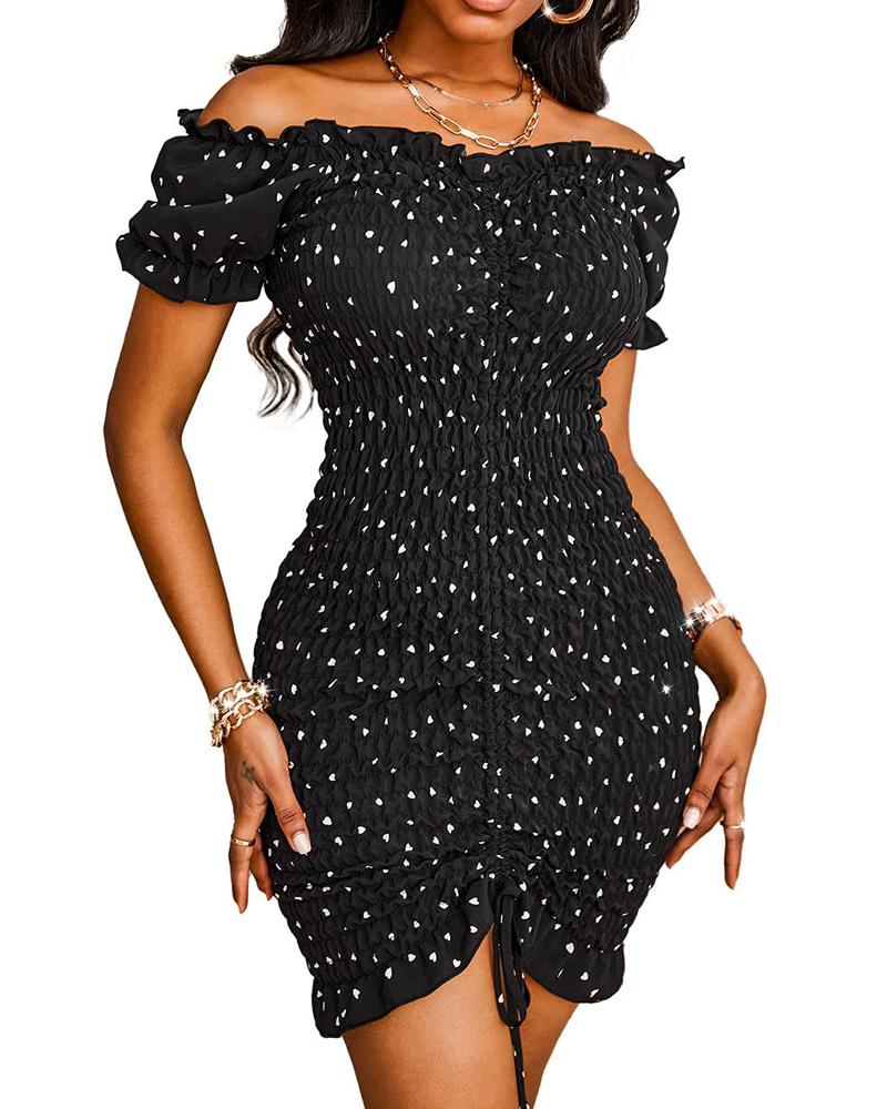 

Polka Dot Print Shirred Drawstring Bodycon Dress, Black