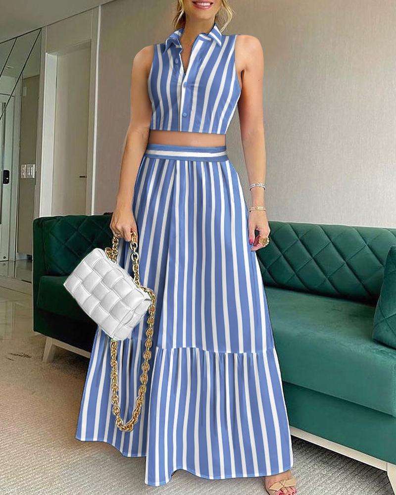 

Striped Colorblock Buttoned Crop Top & Maxi Skirt Set, Blue
