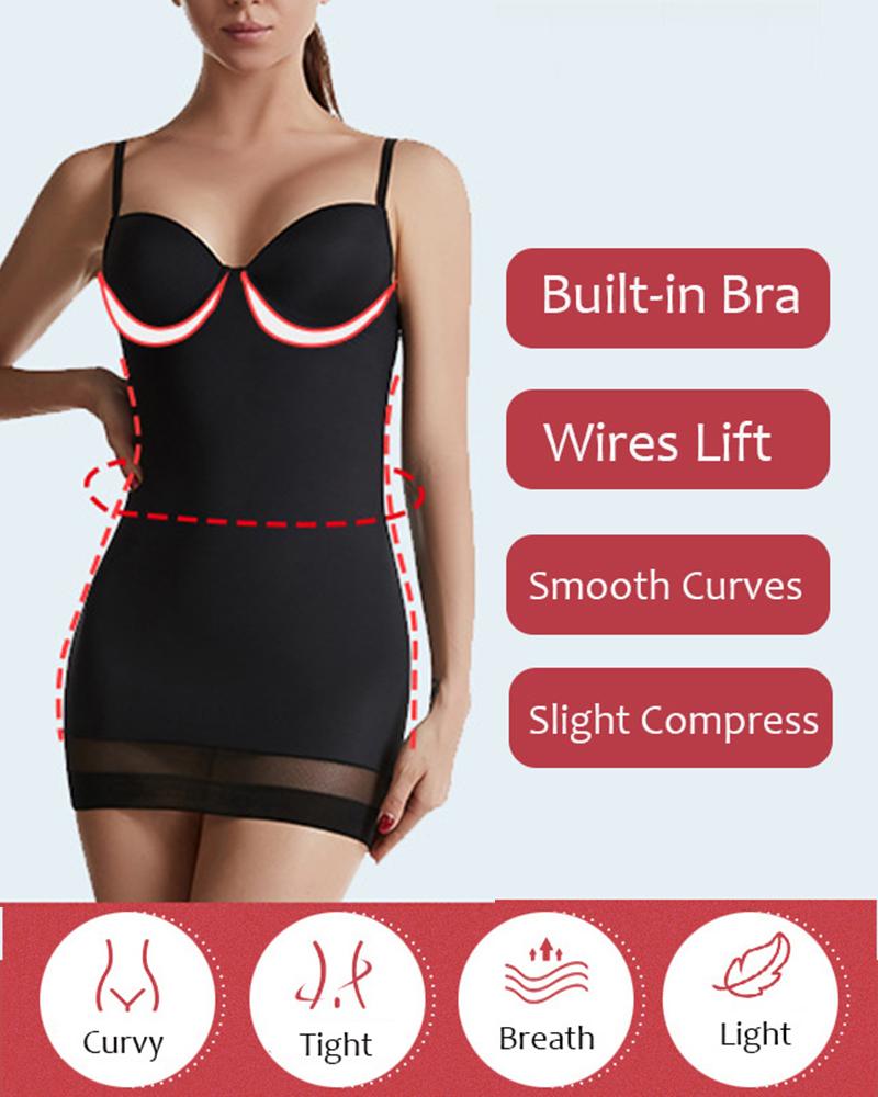 

Spaghetti Strap Lace Patch Tummy Control Shapewear Dress, Black