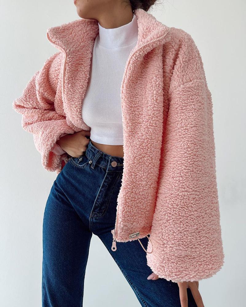 

Lantern Sleeve Zip Front Teddy Coat, Pink