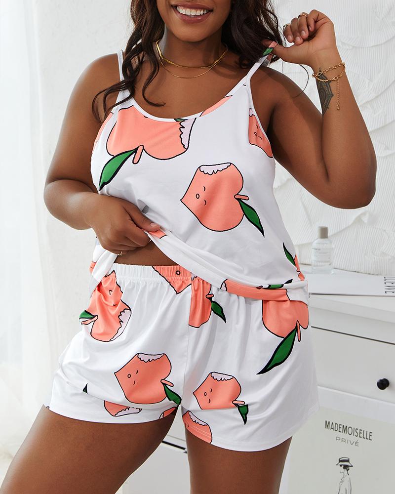 

Plus Size Peech Print Spaghetti Strap Cami Set, White