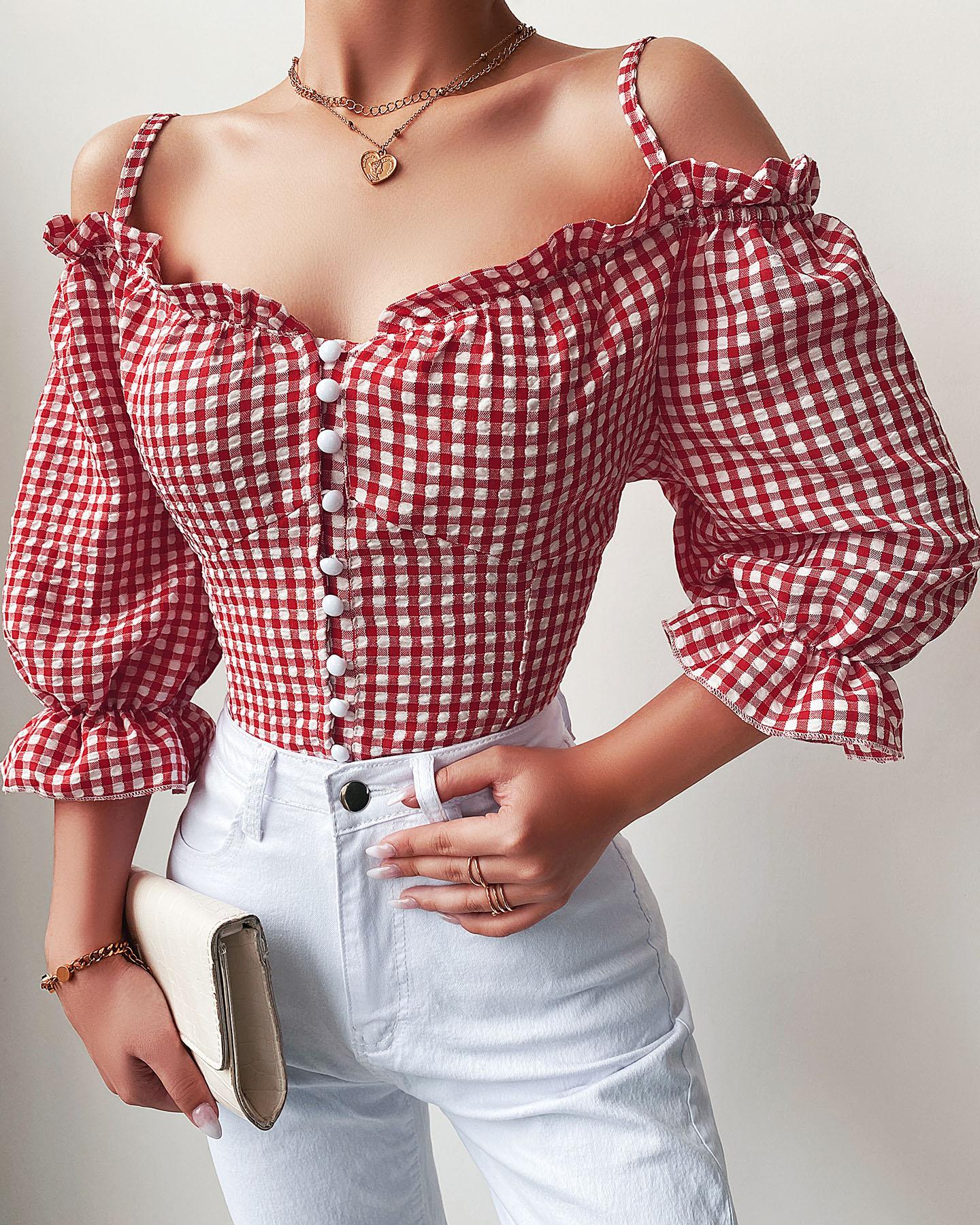 

Cold Shoulder Plaid Print Frill Hem Top, Red