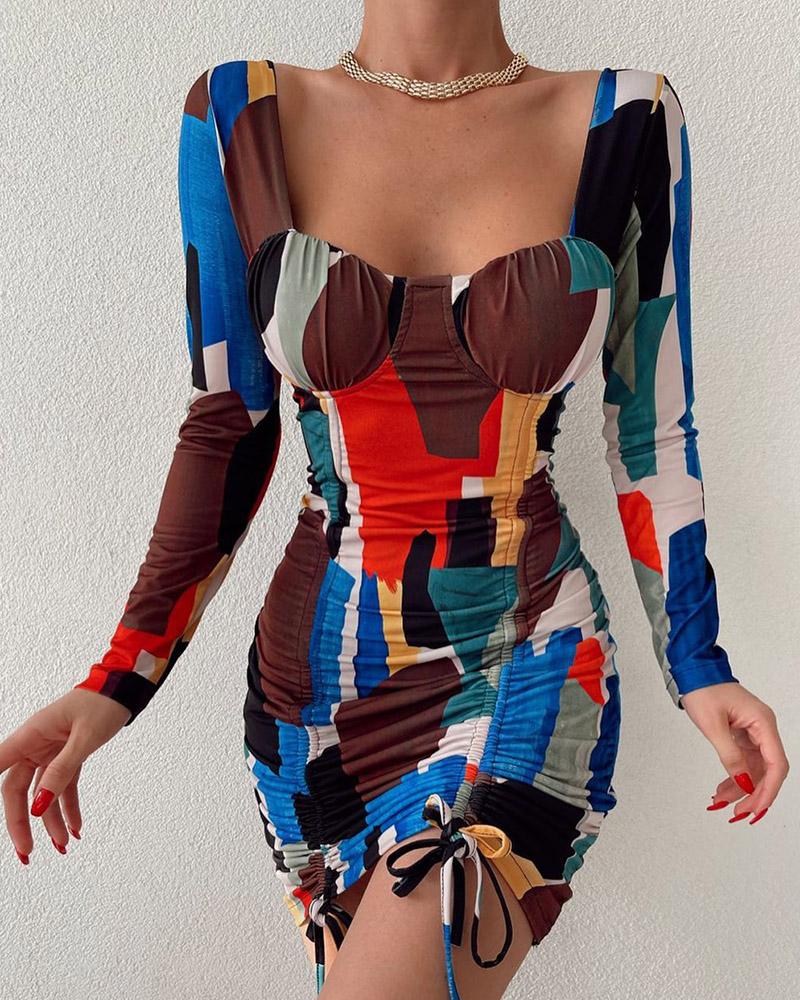 

Abstract Print Drawstring Bodycon Dress, Multicolor