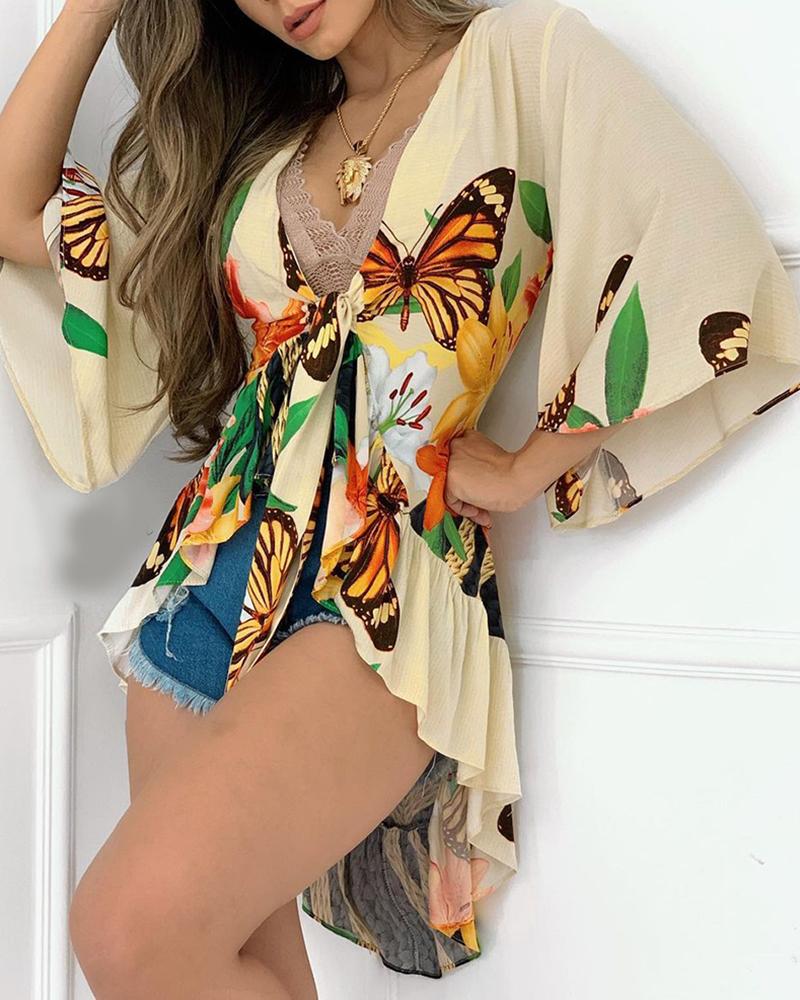 

Floral Butterfly Print Bell Sleeve Knotted Ruffles Top, Apricot