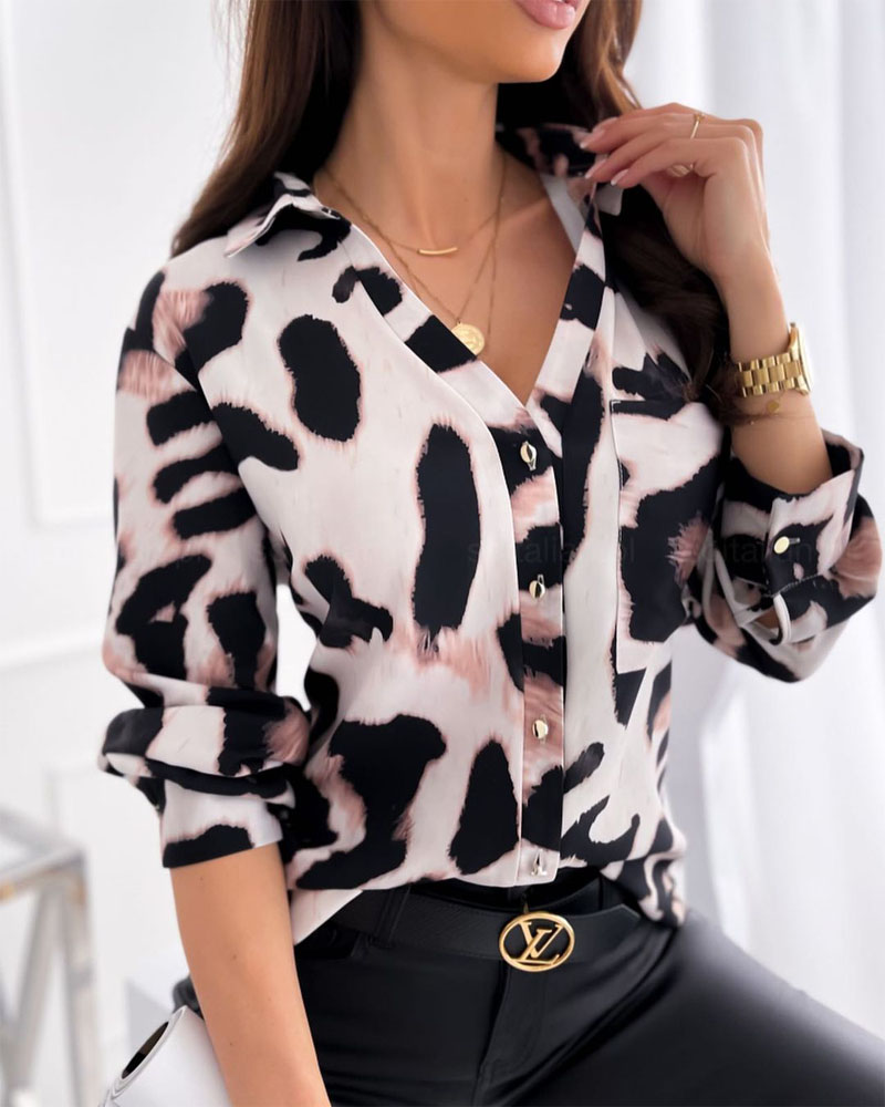 

Leopard Print Long Sleeve Button Down Shirt, Apricot