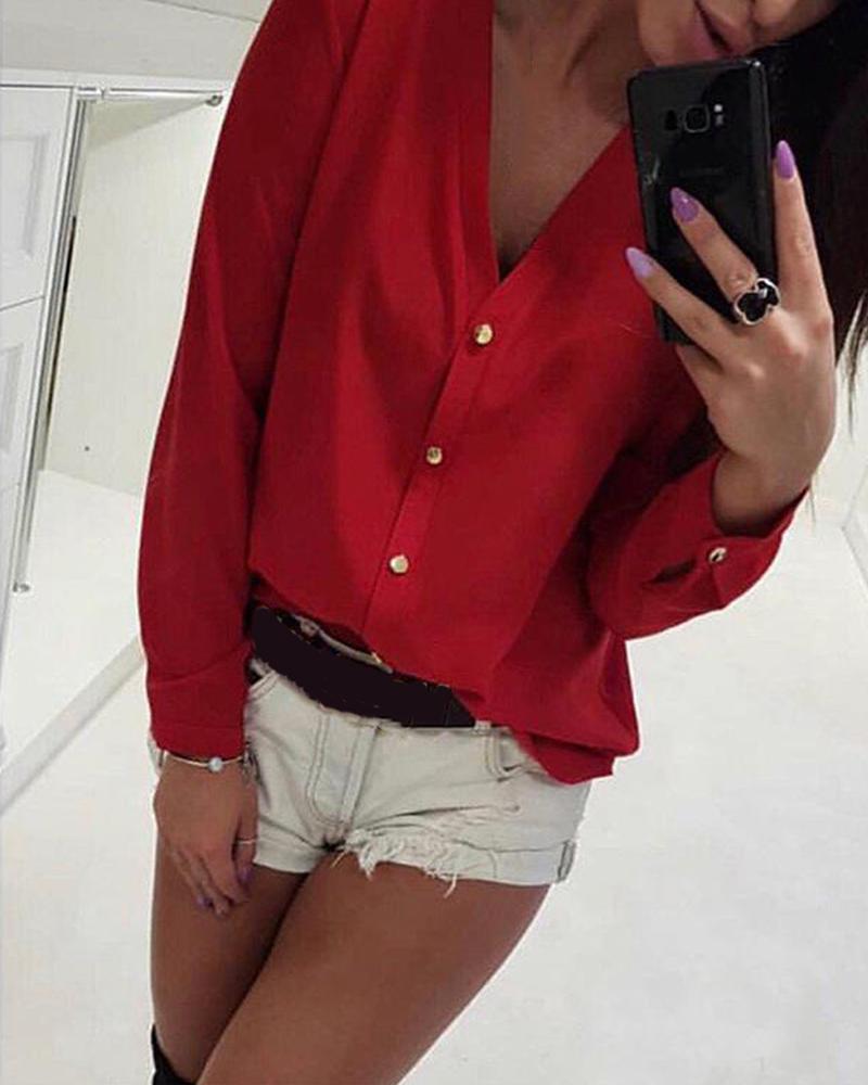 

V Neck Chiffon Button Up Women Blouse, Red