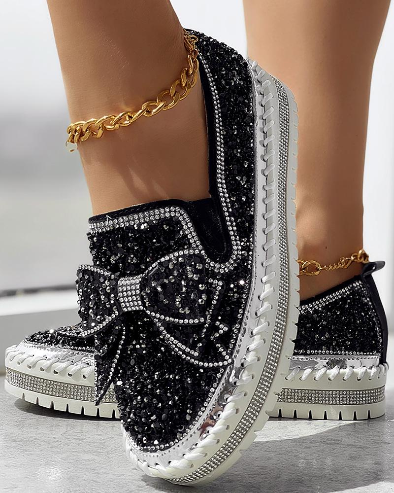 

Bowknot Design Platform Sequin Loafers, Black