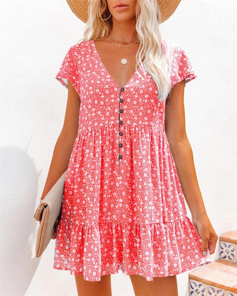 

Ditsy Floral Print Ruffle Hem Flowy Swing Dress, Red