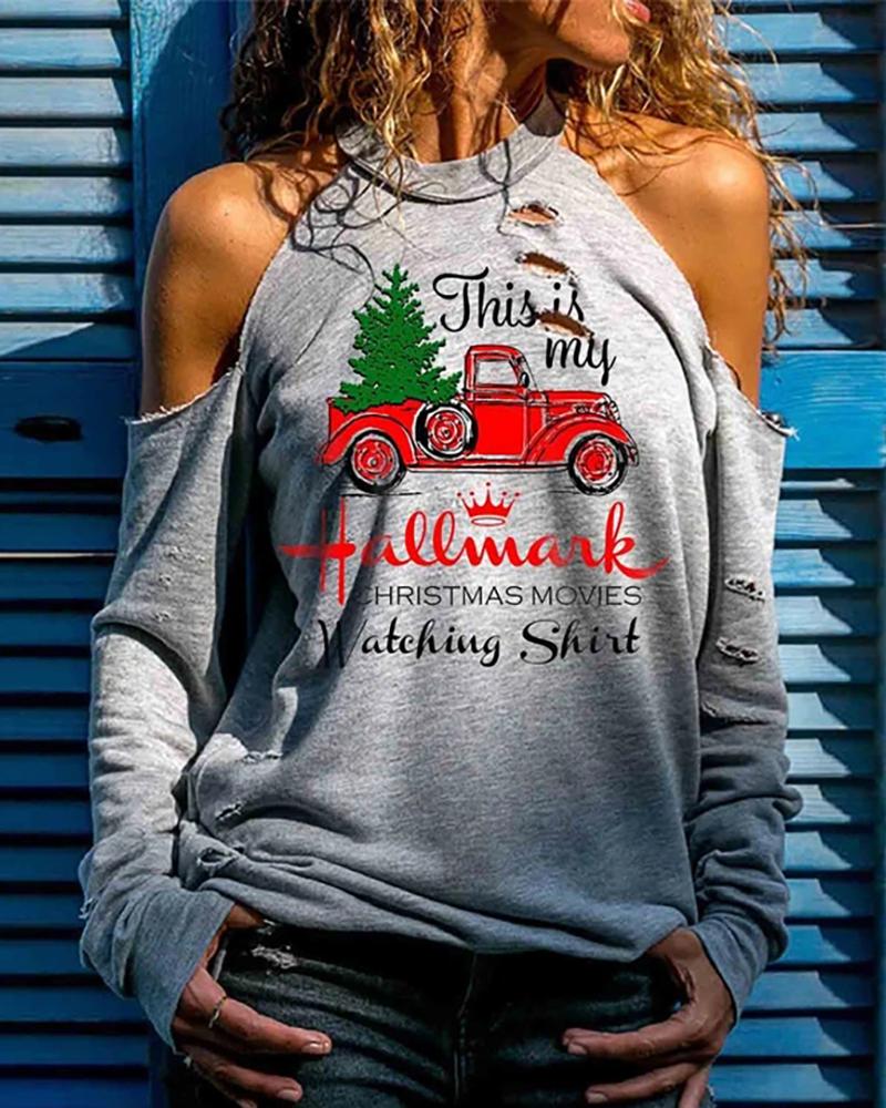 

Christmas Letter Car Print Cutout Cold Shoulder Top, Gray