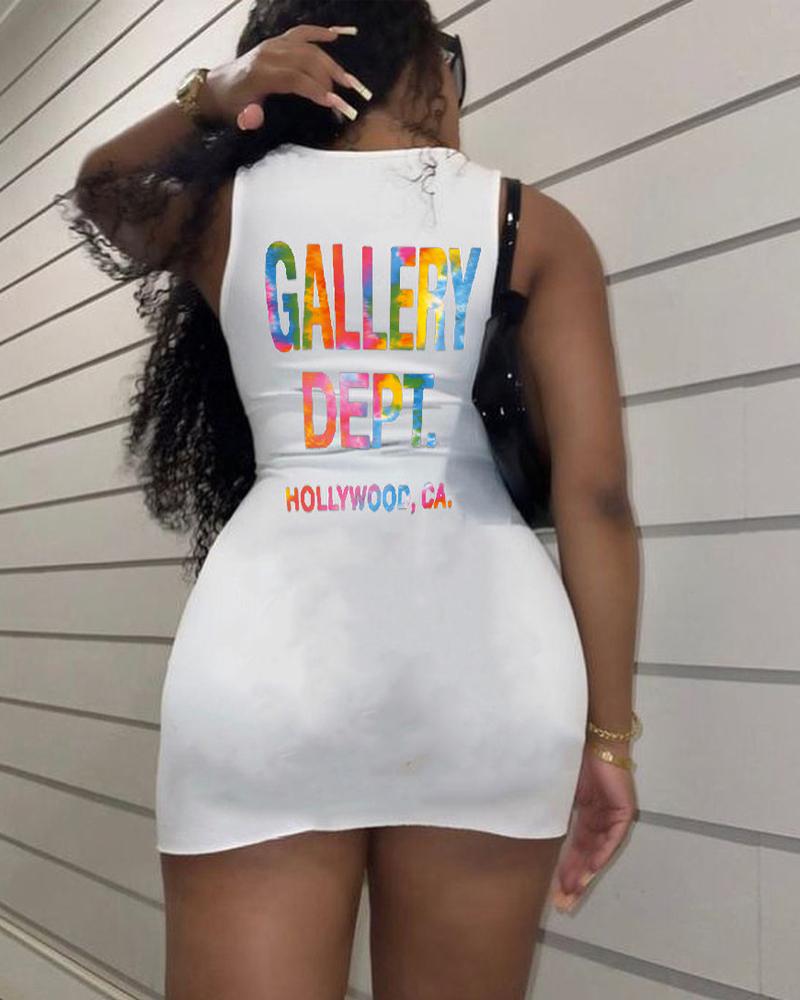 

Ombre Letter Print Sleeveless Bodycon Dress, White