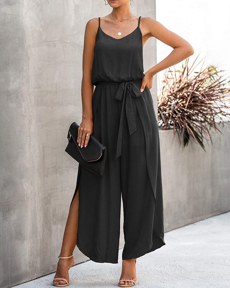 

Spaghetti Strap Slit Wide Leg Tied Detail Jumpsuit, Black