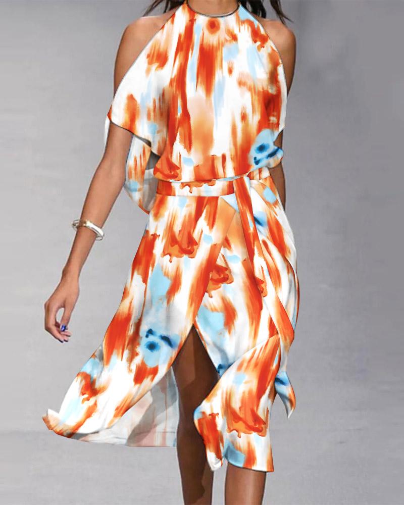 

Tie Dye Print Cold Shoulder Slit Belted Casual Dress, Orange