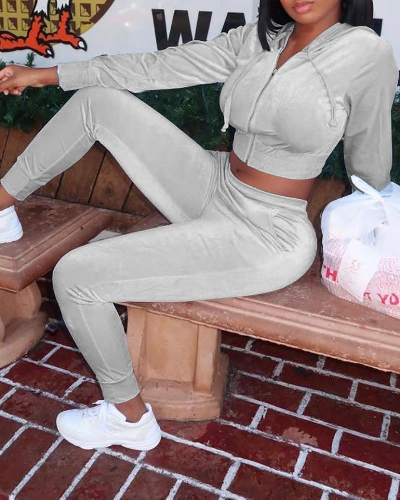 

Velvet Zipper Design Hooded Top & Pants Set, Gray