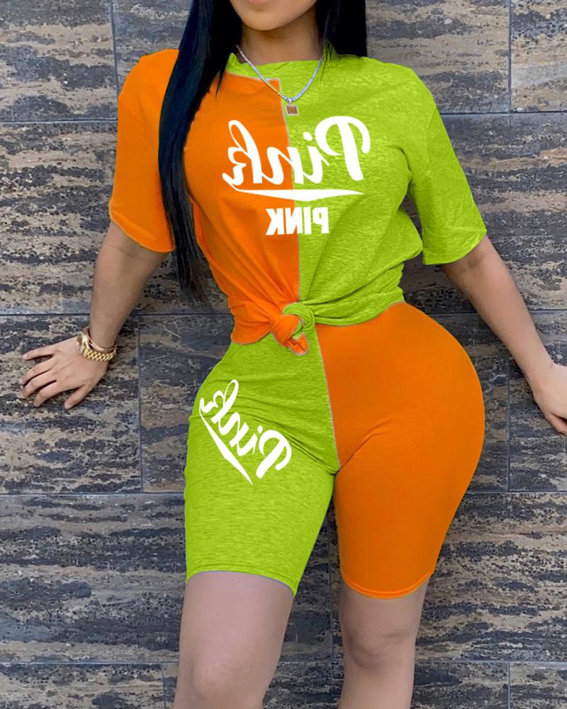 

Letter Embroidery Short Sleeve T-shirts With Shorts Suit Sets, Orange