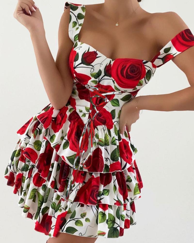 

Layered Ruffles Lace-up Backless Floral Print Dress, Red