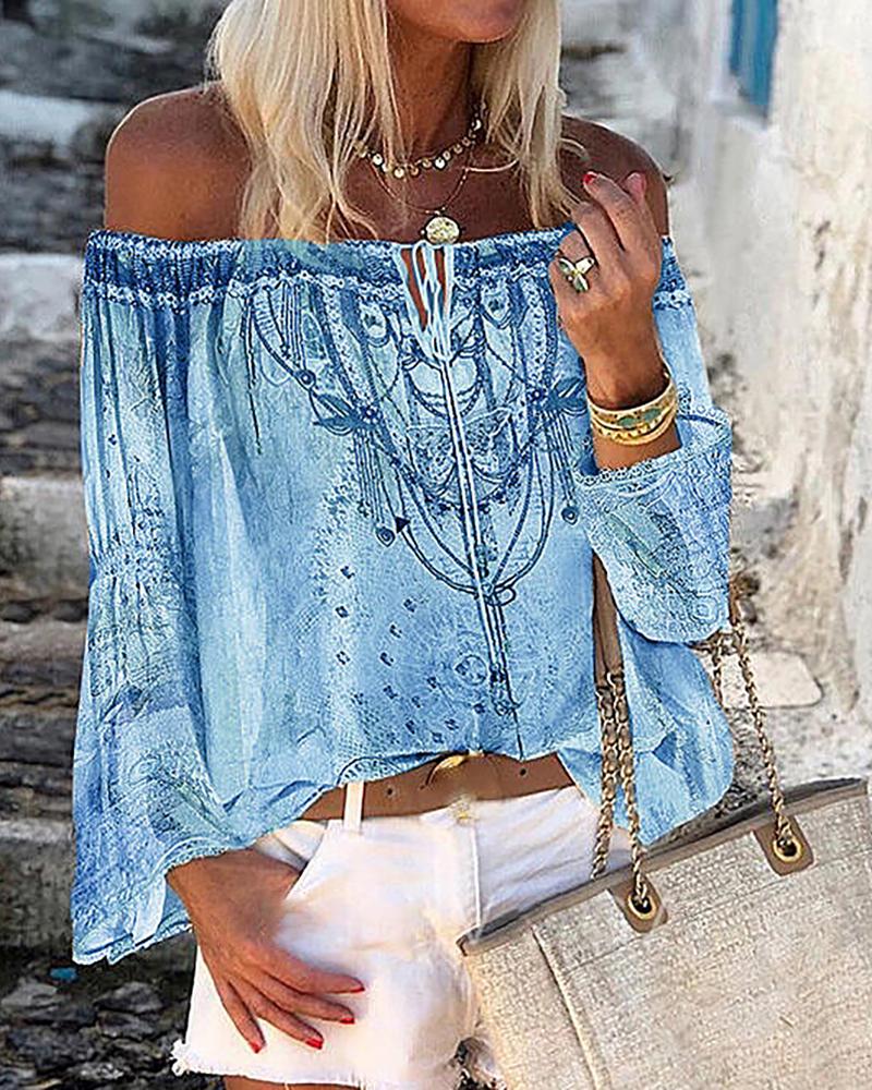 

All Over Print Lace Up Bell Sleeve Off Shoulder Top, Blue