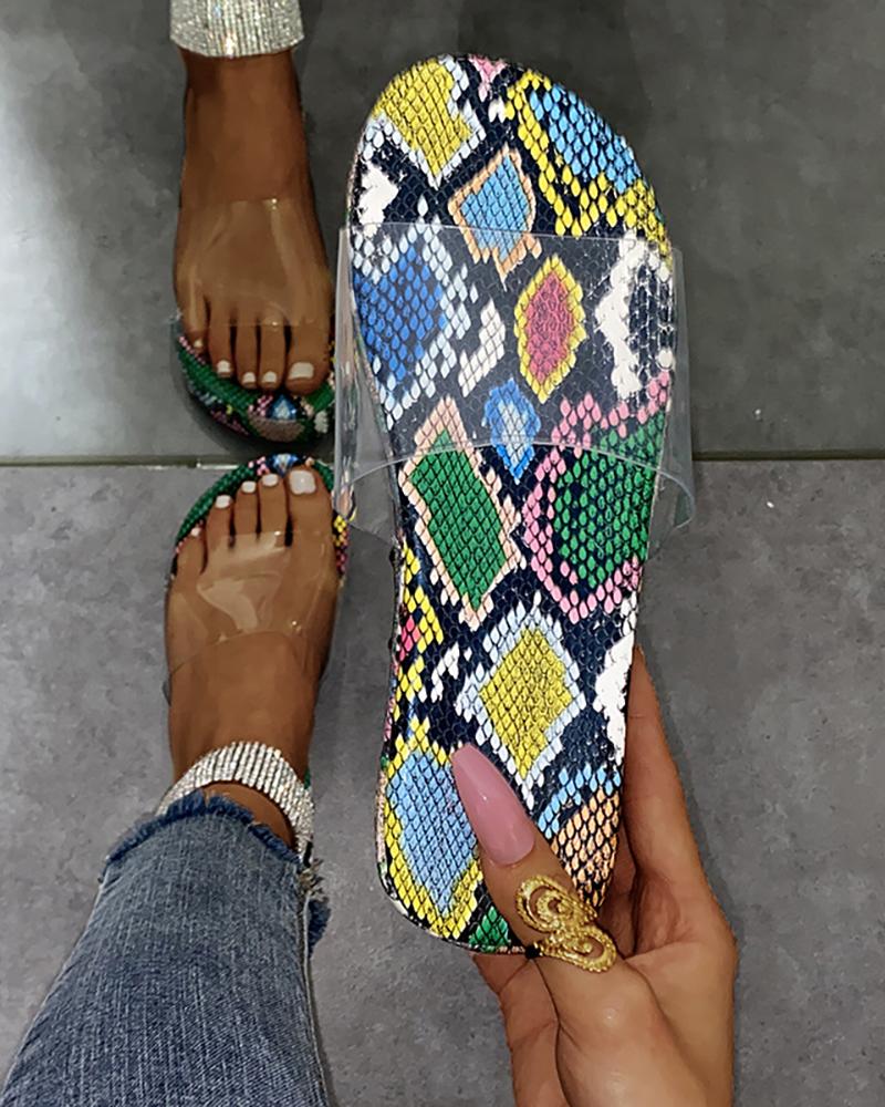 

Snakeskin Print Clear Perspex Open Toe Slippers, Multicolor