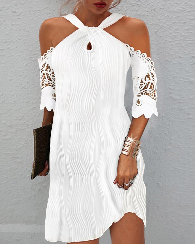 

Contrast Lace Cold Shoulder Textured Casual Dress, White