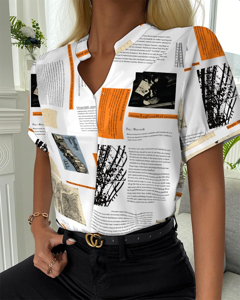 

Letter Print V-neck Short Sleeve Casual Shirt, Yellow