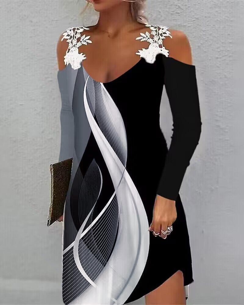 

Abstract Print Colorblock Cold Shoulder Casual Dress, Black
