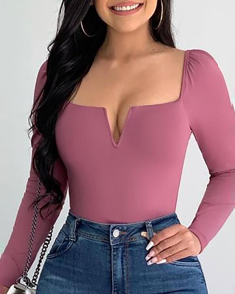 

V Cut Long Sleeve Casual Top, Purple