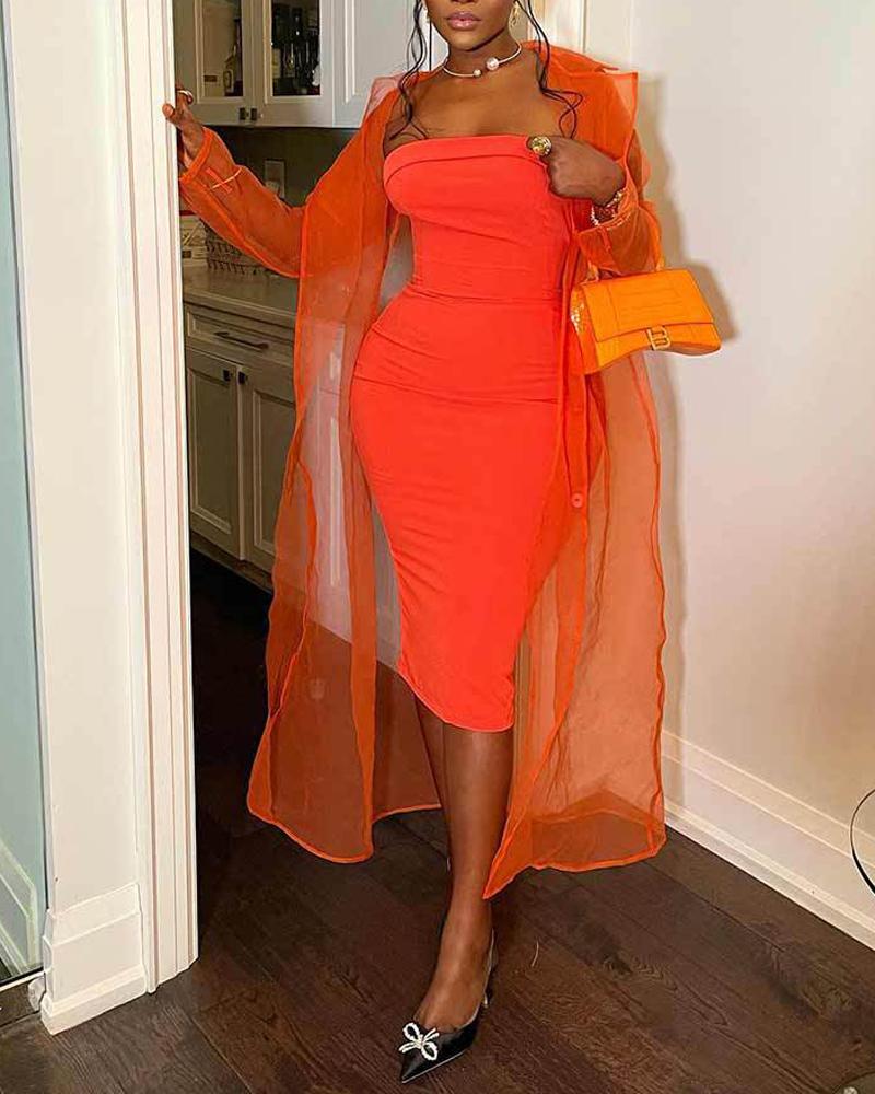 

Button Down Sheer Mesh Longline Shirt, Orange