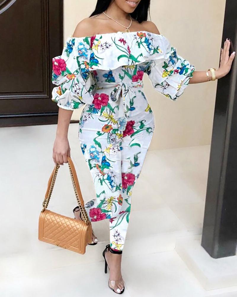 

Off Shoulder Floral Print Lantern Sleeve Jumpsuit, White