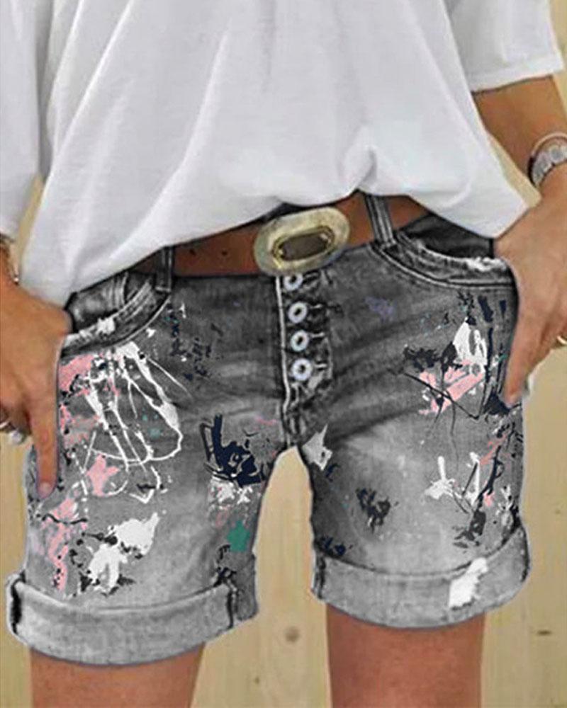 

Graphic Print Button Fly Denim Shorts, Gray